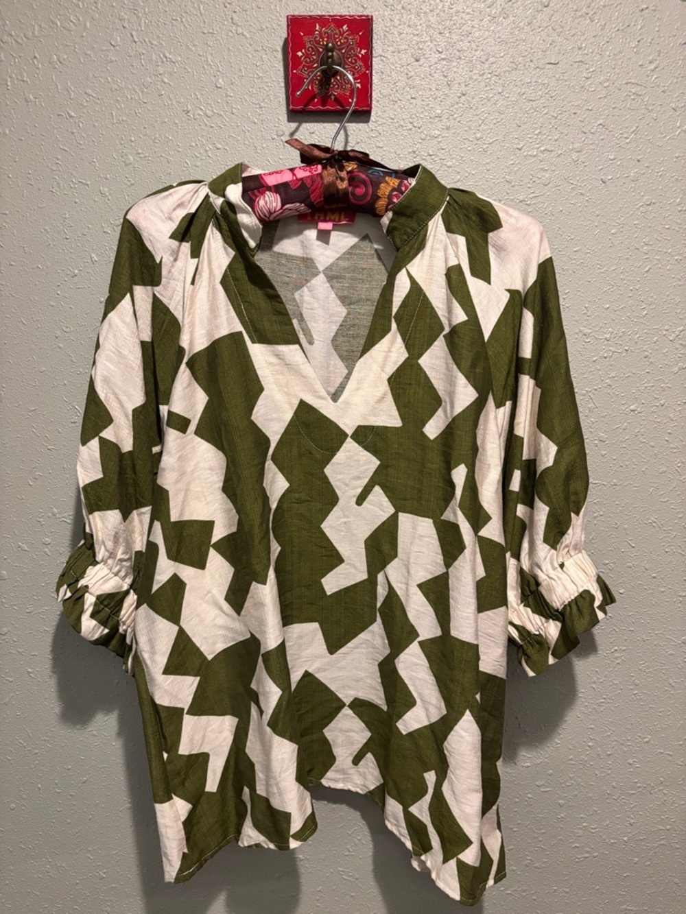 THML Olive & Cream Geometric V-Neck Tunic